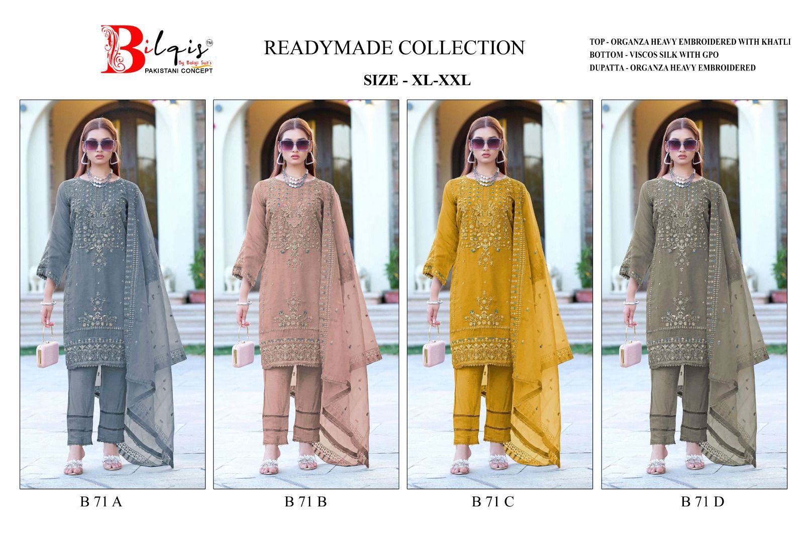 B 71 A To D Bilqis Organza Pakistani Readymade Suits Suppliers In India

